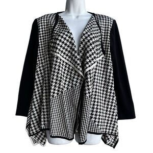 St. John Houndstooth Waterfall Cardigan Wool Blend Sz M Black Open Front Sweater